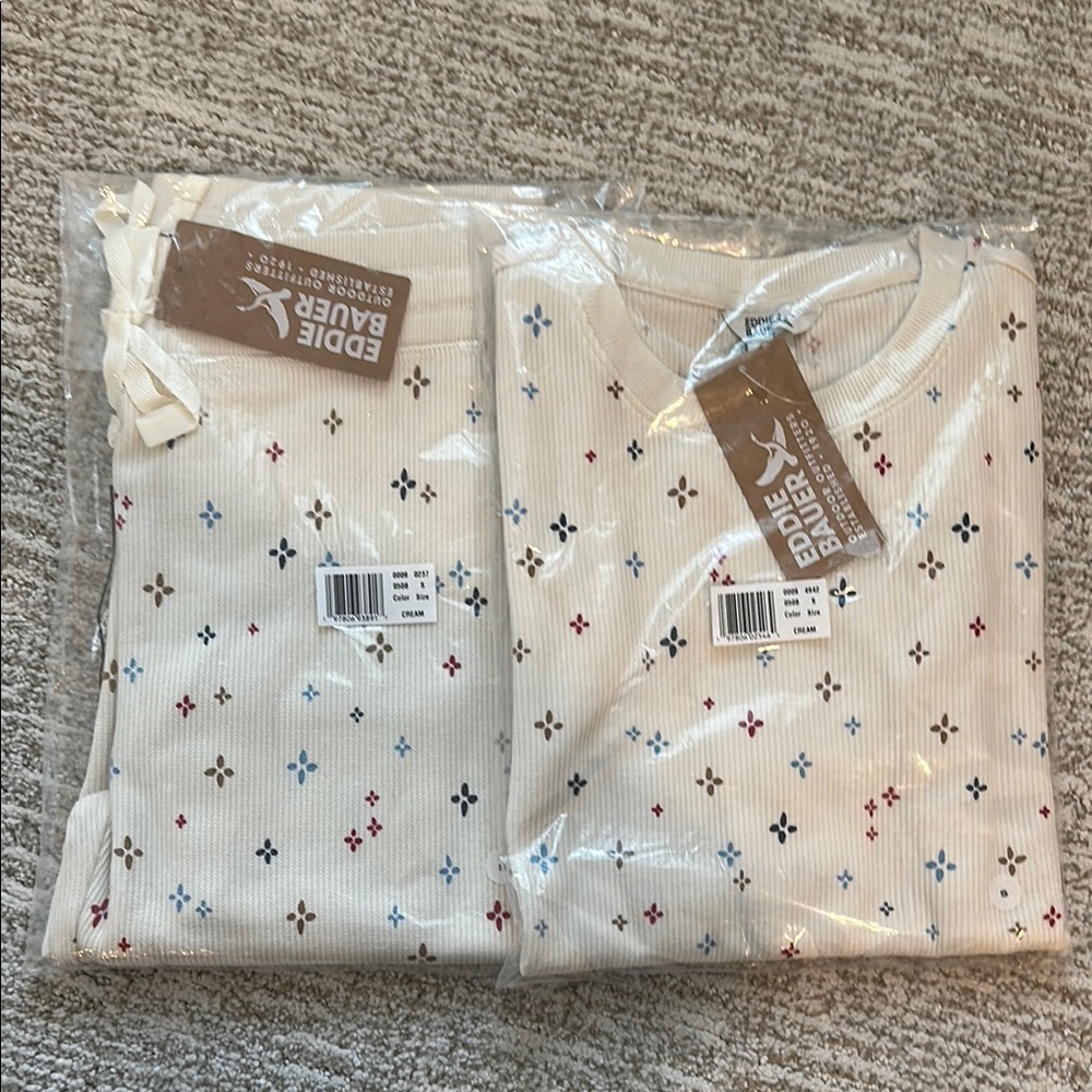 Eddie Bauer Cream Patterned Thermal Pajamas: Long Sleeve Top and Long Pants